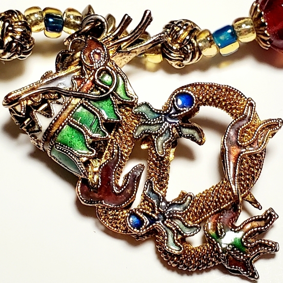 VINTAGE Colorful Beaded Necklace with Dragon Charm 24" L - Picture 4 of 9